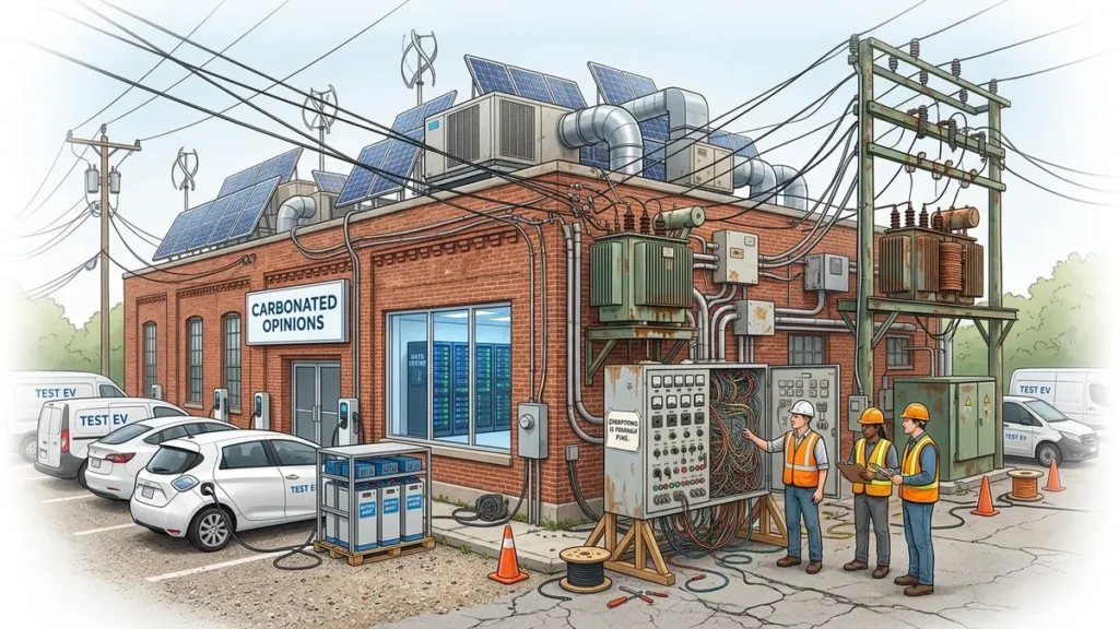 A realistic overloaded electrical grid juggles solar panels, wind turbines, electric vehicles, heat pumps, batteries and a crowded aging substation.