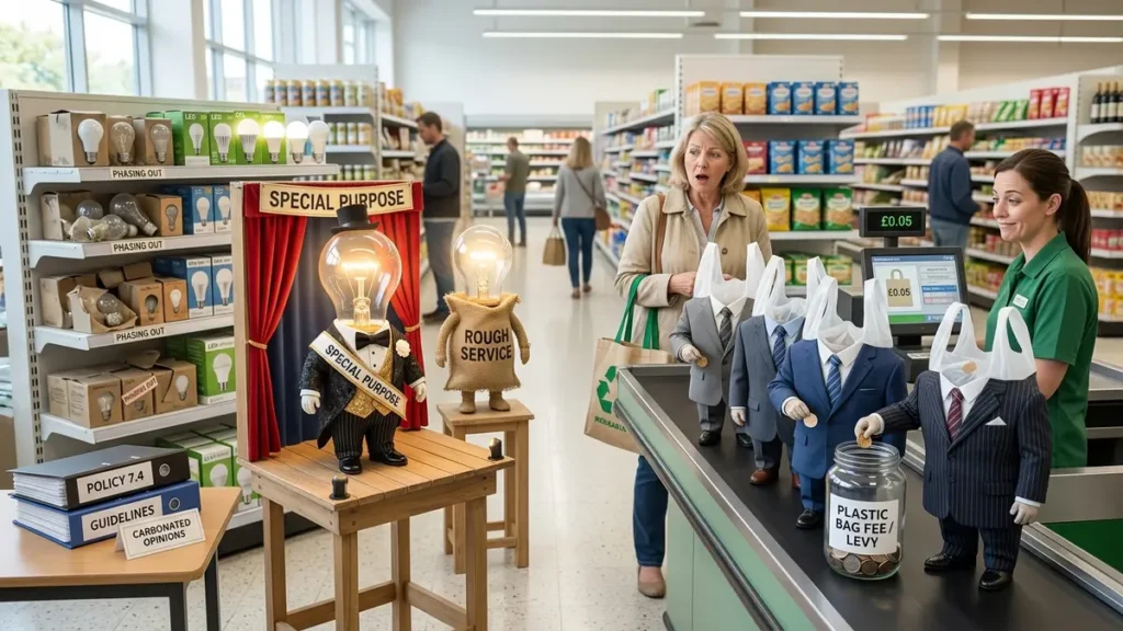 Incandescent bulbs disguised as special purpose products beside costumed plastic bags paying a checkout charge in a bright supermarket