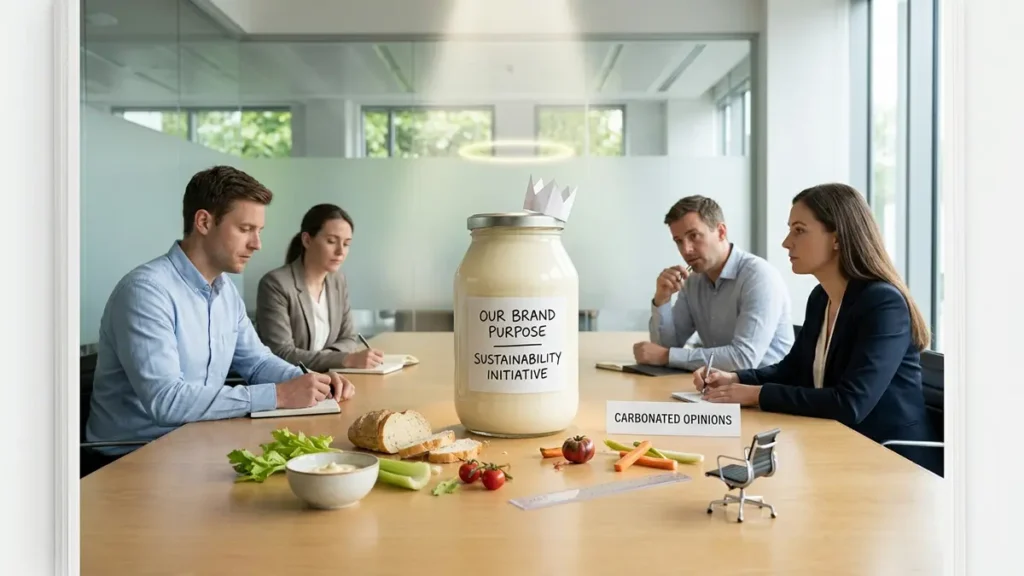 Your Favourite Brand Just Discovered "Purpose" Generic mayonnaise jar posed as a haloed corporate executive while workers assess leftover food, sales claims, and an empty control group chair