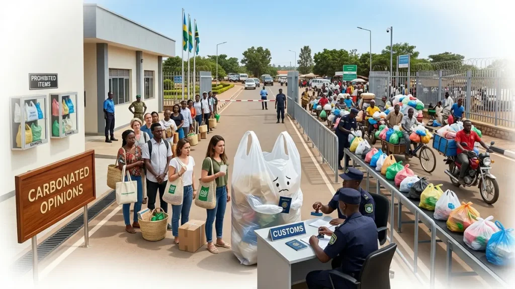 A photorealistic border scene contrasts Rwanda’s spotless streets and reusable packaging with plastic bags being humorously smuggled across a neighbouring frontier.