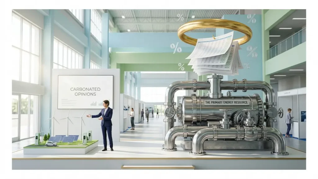 Shell Calls Itself an Energy Transition Company Corporate energy presentation shows a tiny renewable display beside a huge fossil fuel machine beneath a financially supported golden halo
