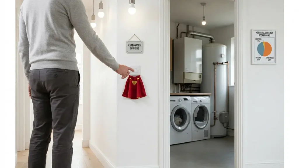 Person switching off a light while a heating unit and appliances reveal where most household energy use really goes