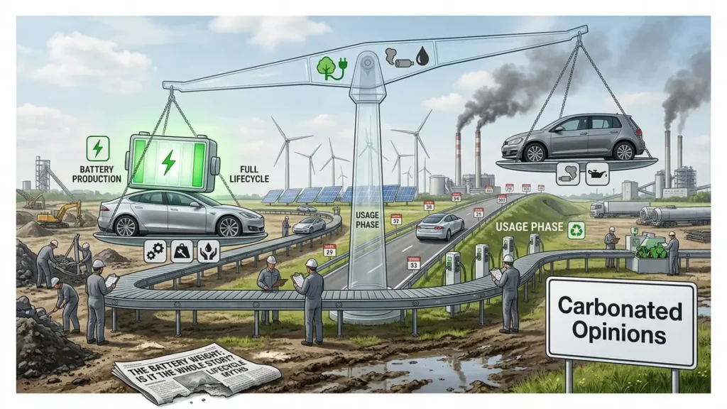 Electric vehicle and petrol car balanced against battery production, charging energy and lifetime driving emissions in a humorous industrial scene